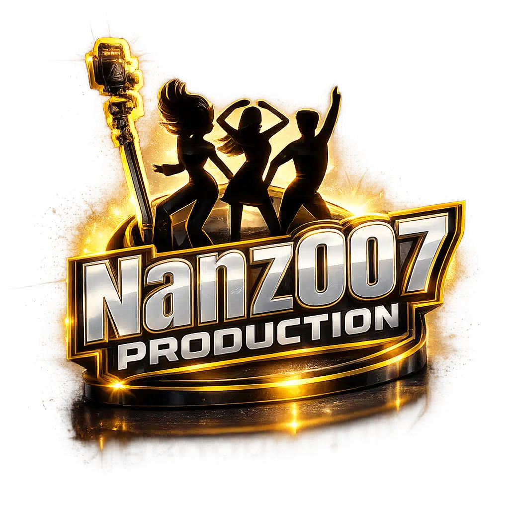 Logo with “Nanz007 Production” in bold letters, three dancing silhouettes, and a camera on a tripod, all highlighted by golden light effects.