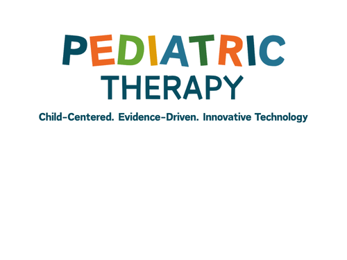 Text logo for pediatric therapy with colorful letters, tagline reads "Child-Centered. Evidence-Driven. Innovative Technology" in blue font on a white background, with a subtle mention of Ways to Give for supporting children's services.
