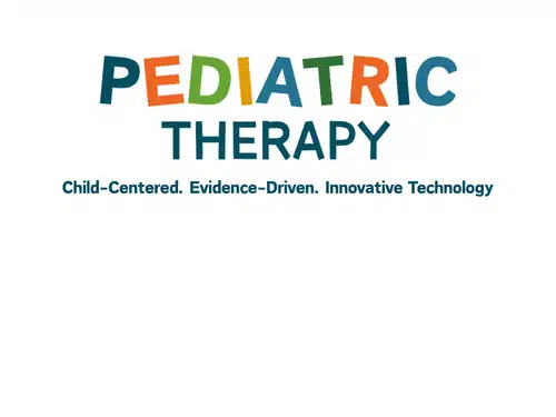 Ways to Give 1 Text logo for pediatric therapy with colorful letters, tagline reads "Child-Centered. Evidence-Driven. Innovative Technology" in blue font on a white background, with a subtle mention of Ways to Give for supporting children's services.