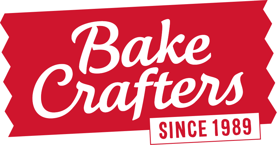 Red logo with white script text reading "Bake Crafters" and a red box in the lower right corner saying "Since 1989" in white text.