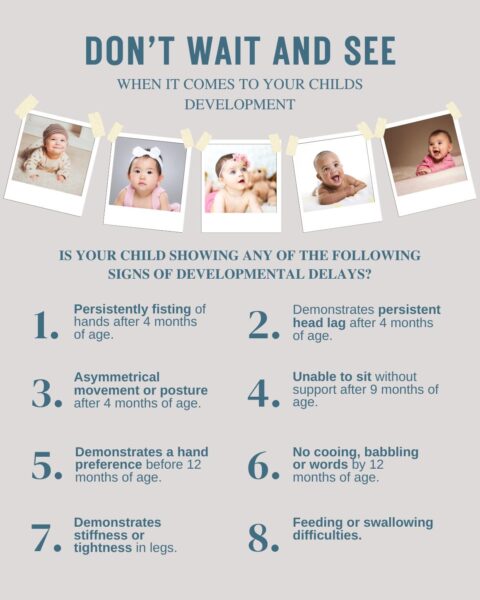 Infographic titled "Early Detection for Cerebral Palsy: Don't Wait and See" listing signs of developmental delays in children by age, with photo examples. Infographic titled "Early Detection for Cerebral Palsy: Don't Wait and See" listing signs of developmental delays in children by age, with photo examples.