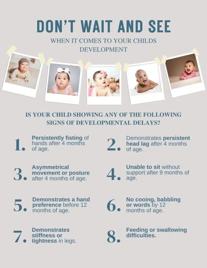 Infographic titled "Early Detection for Cerebral Palsy: Don't Wait and See" listing signs of developmental delays in children by age, with photo examples. Infographic titled "Early Detection for Cerebral Palsy: Don't Wait and See" listing signs of developmental delays in children by age, with photo examples.