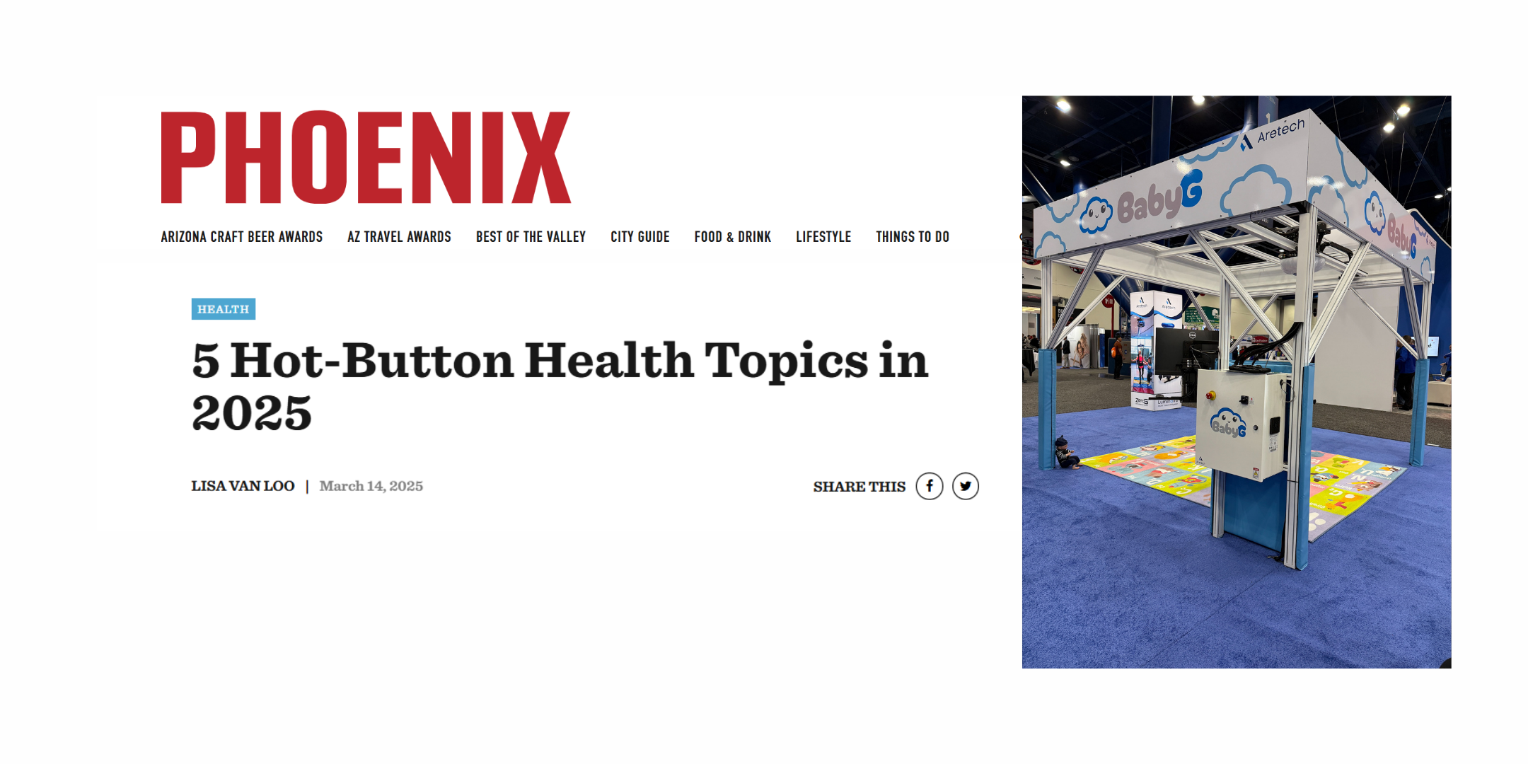 Screenshot of a Phoenix magazine article titled "5 Hot-Button Health Topics in 2025" featuring a photo of a booth labeled "Baby" at an indoor event, highlighting UCP of Central Az’s involvement in health discussions.