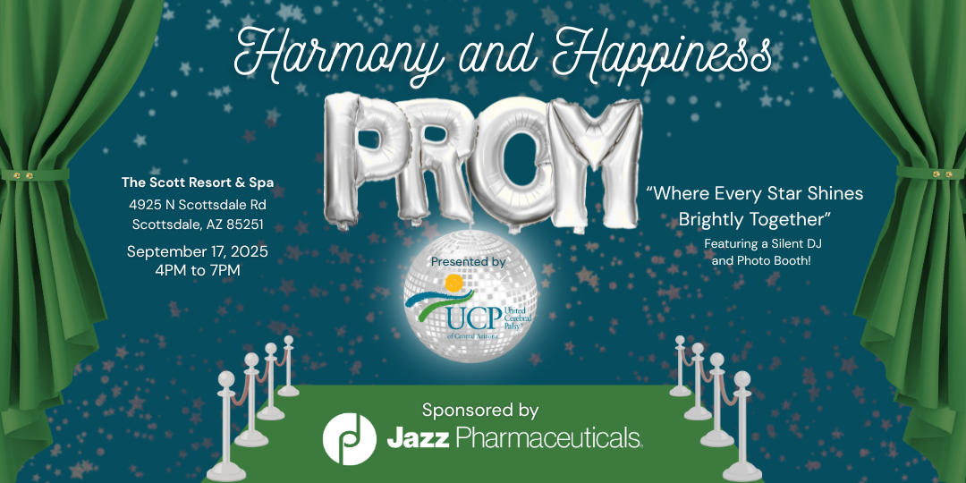 A prom event invitation features balloon letters spelling "PROM," event details, sponsor logos, and green curtains against a starry background, celebrating inclusion for all, including those with Cerebral Palsy.