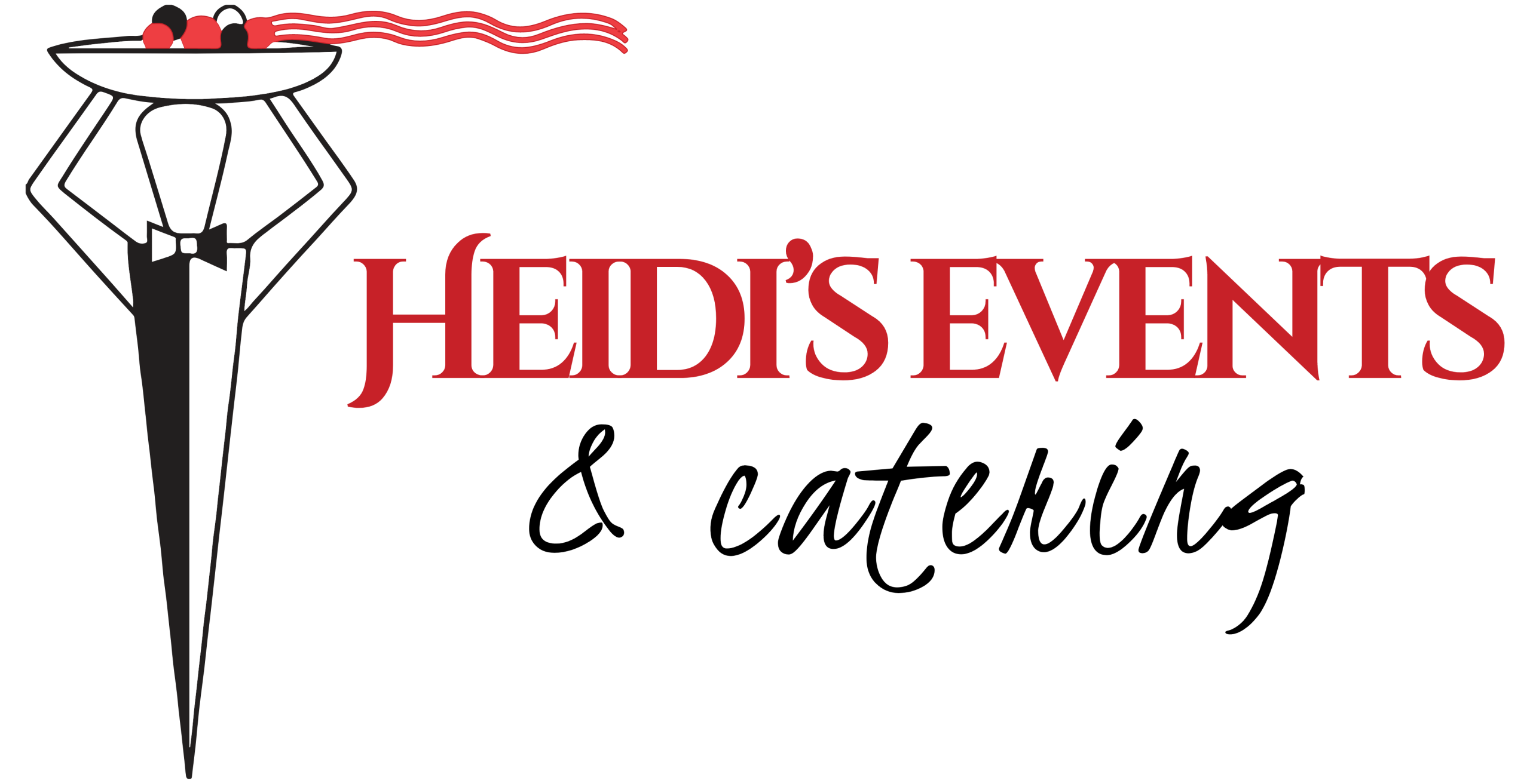 Logo for Heidi’s Events & Catering features a stylized server holding a tray with red food, next to the company name in bold red and black text.