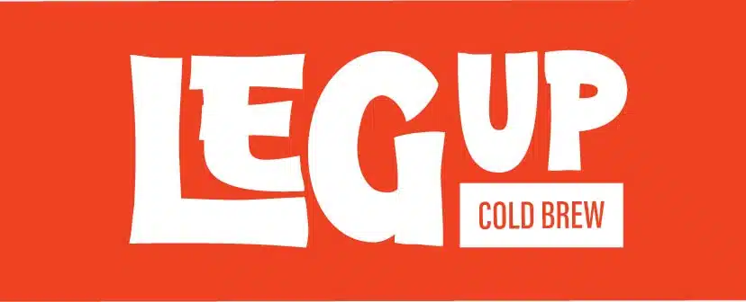 Leg Up Cold Brew logo in bold white letters on an orange background.