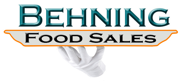 Logo for Behning Food Sales with stylized teal and black text, a decorative underline, and a white-gloved hand partially visible below the text.