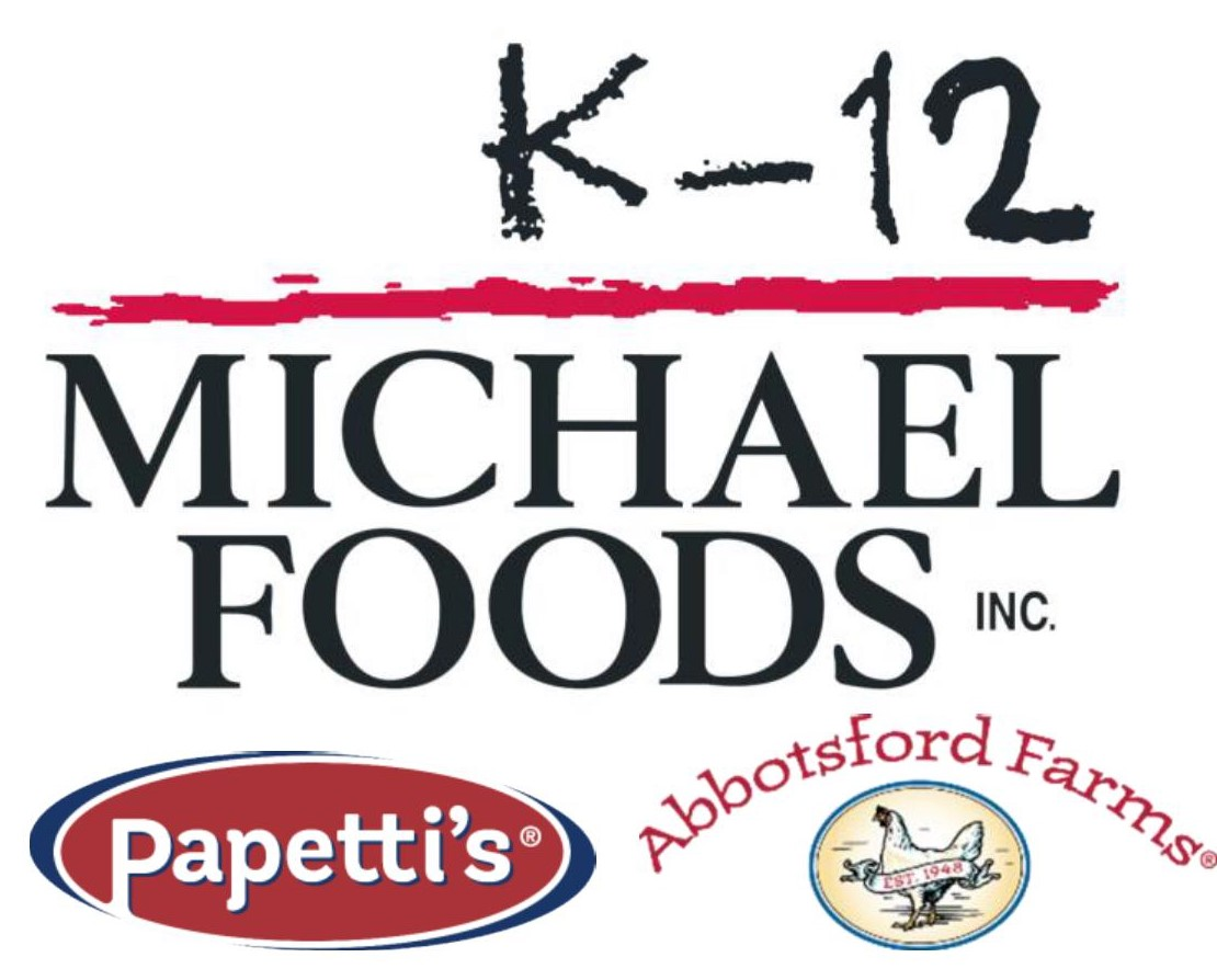 The image displays the Michael Foods, Papetti's, and Abbotsford Farms logos with "K-12" written at the top.