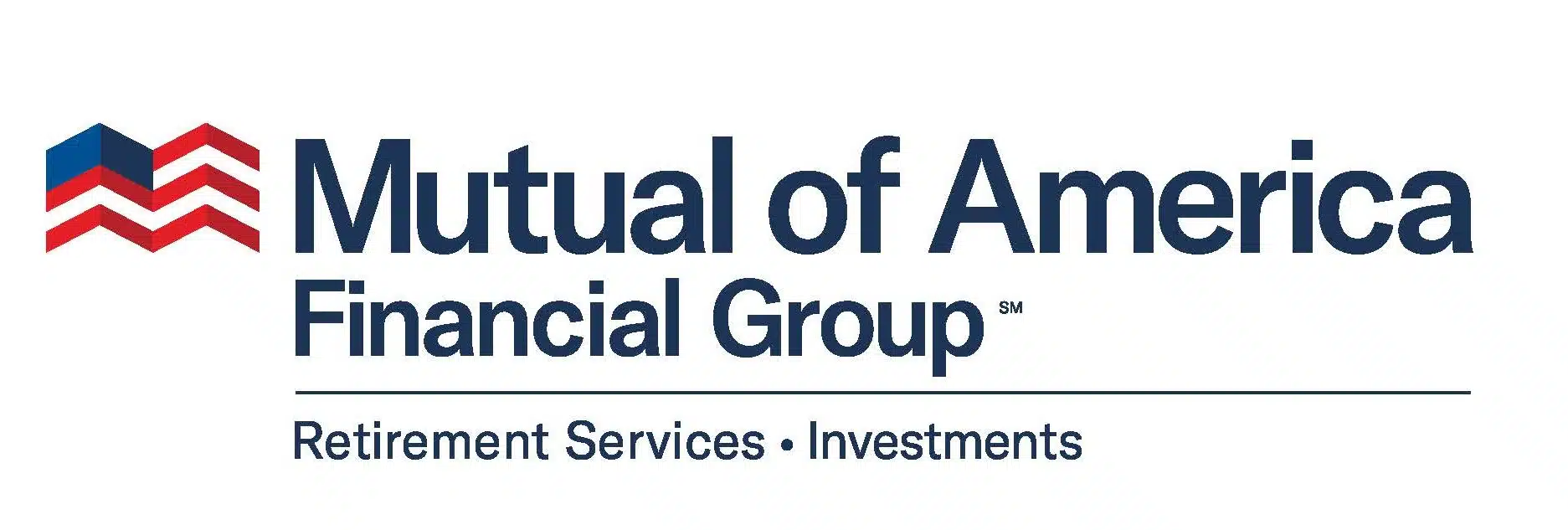 Mutual of America Financial Group logo with stylized red, white, and blue chevrons and the text “Retirement Services • Investments.”.
