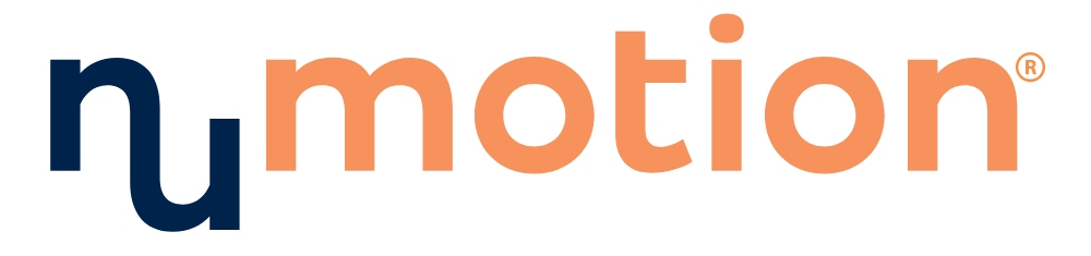 NuMotion logo with "nu" in dark blue lowercase letters and "motion" in orange lowercase letters, with a registered trademark symbol after "motion.