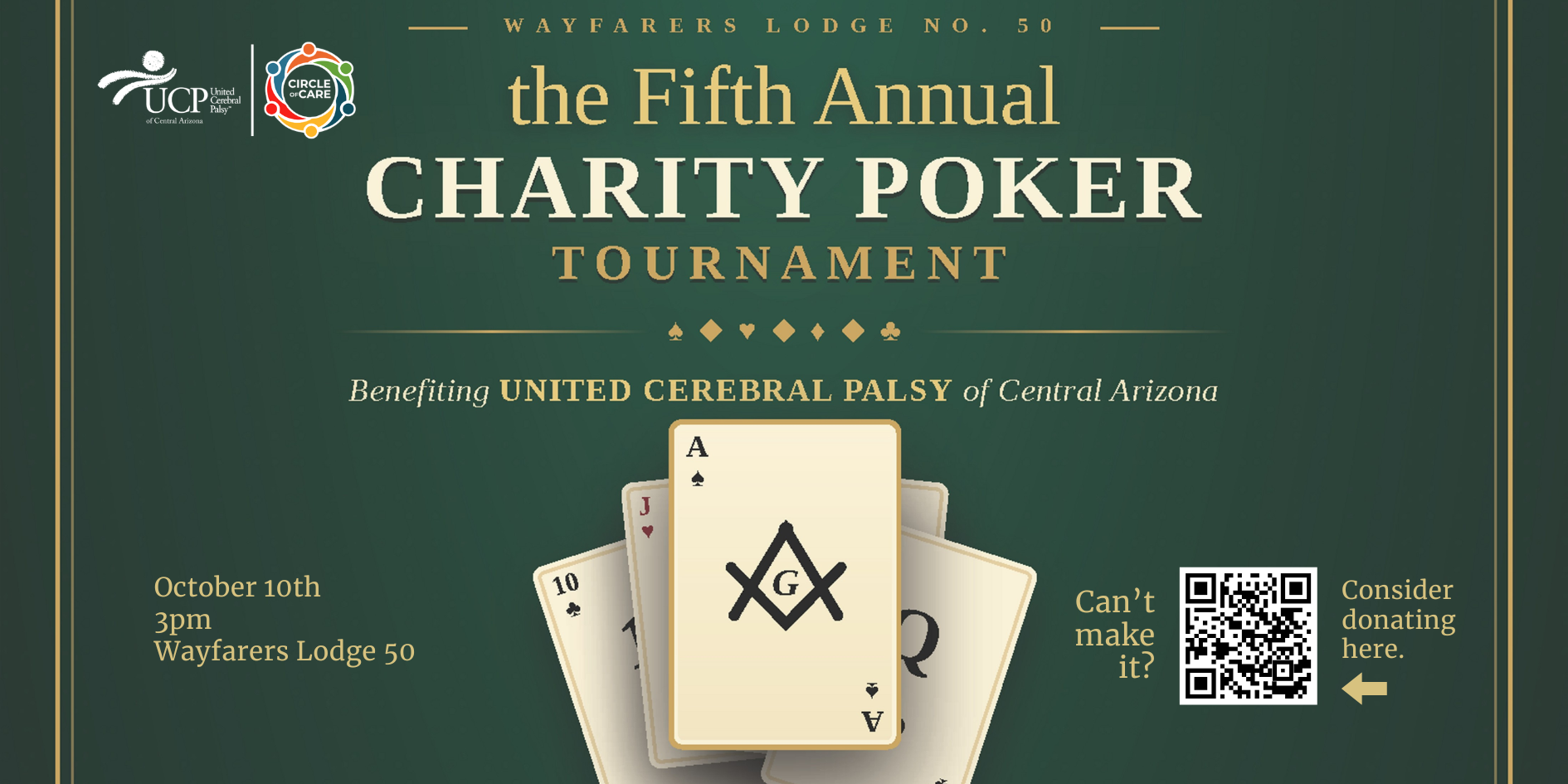 Eventos 2 Green poster for the Fifth Annual Charity Poker Tournament benefiting United Cerebral Palsy of Central Arizona, with event details, cards, and a QR code for donations.