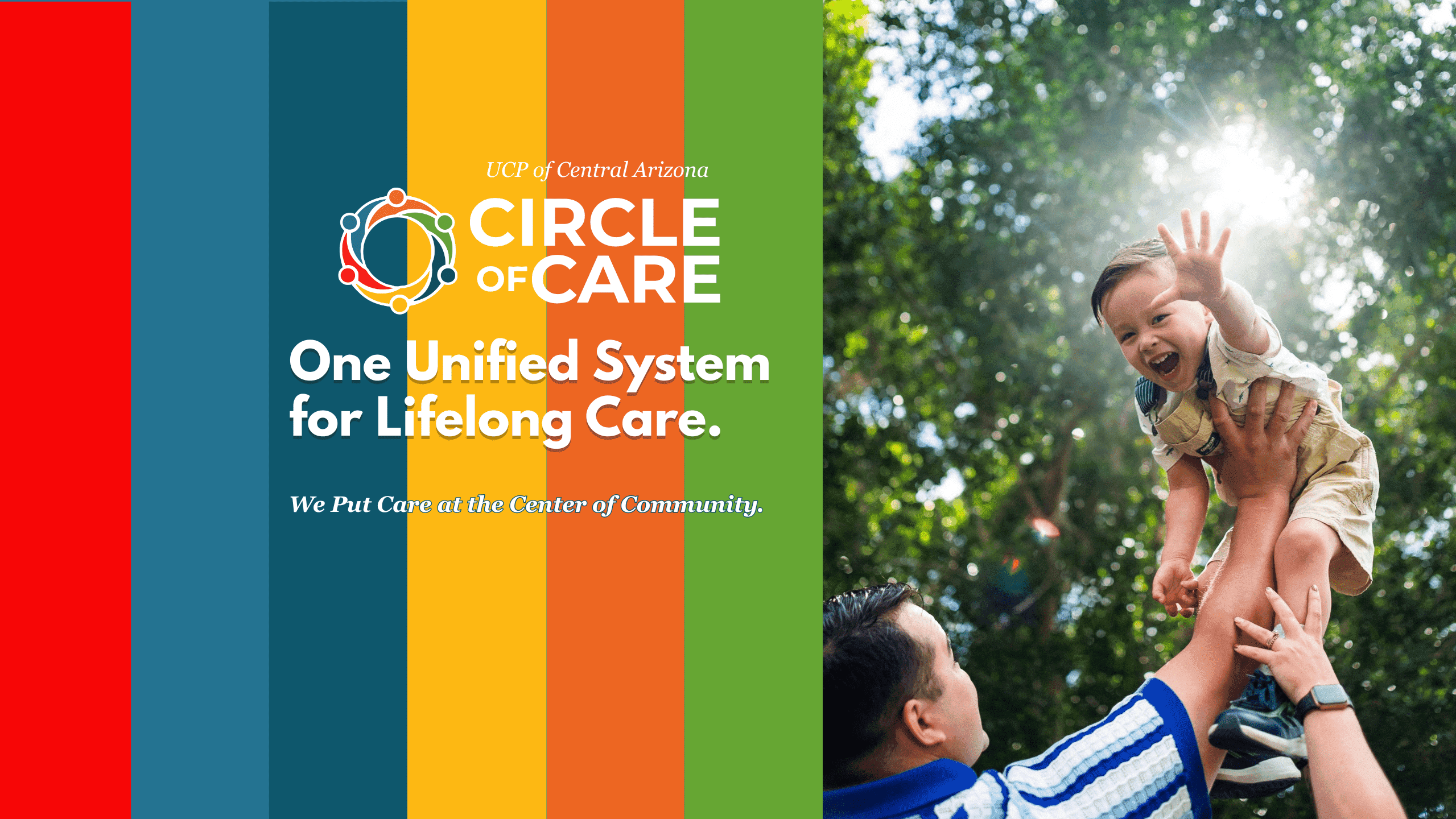 United Cerebral Palsy Home 16 A man lifts a smiling child into the air outdoors; text on colorful bars reads "Circle of Care: One Unified System for Lifelong Care.