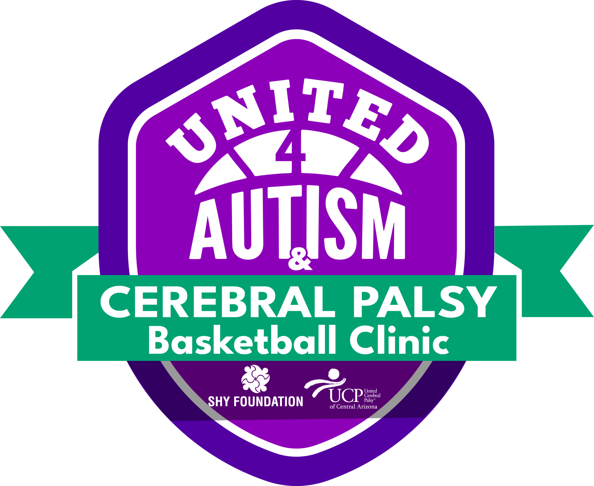 United autism and cerebral palsy basketball clinic logo for events.