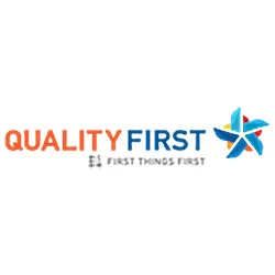 A white background logo showcasing a quality first approach towards pediatric therapy for cerebral palsy, offered through home and community based services.