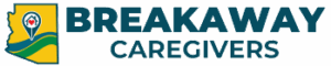 Logo for Breakaway Caregivers featuring an outline of Arizona with a location pin containing a heart, alongside the organization's name in bold text—ideal for a home and community based services near me habilitation provider Phoenix AZ.
