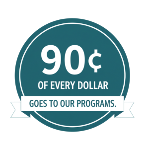 A circular emblem states "90¢ of every dollar goes to our programs" in bold text, highlighting a financial allocation.