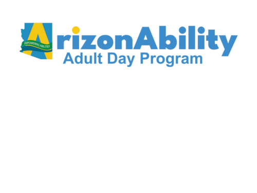Logo for ArizonAbility Adult Day Program featuring the Arizona state outline and "Empowering Abilities" inside the "A," highlighting ways to give and support our mission.