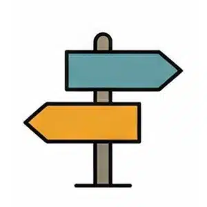 Illustration of a signpost with two arrows: the top blue arrow points right, and the bottom yellow arrow points left, symbolizing different UCP careers paths.