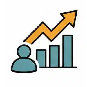 Icon of a person in front of a bar chart with an upward trending arrow, representing growth or progress in UCP careers.