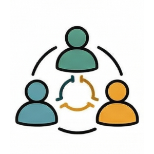 A simple graphic of three stylized human figures connected by curved arrows in a circular arrangement, representing communication or collaboration in UCP careers.