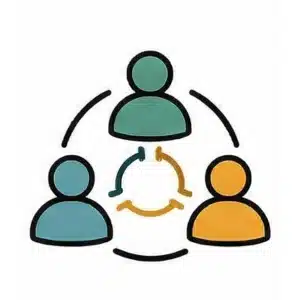 A simple graphic of three stylized human figures connected by curved arrows in a circular arrangement, representing communication or collaboration in UCP careers.