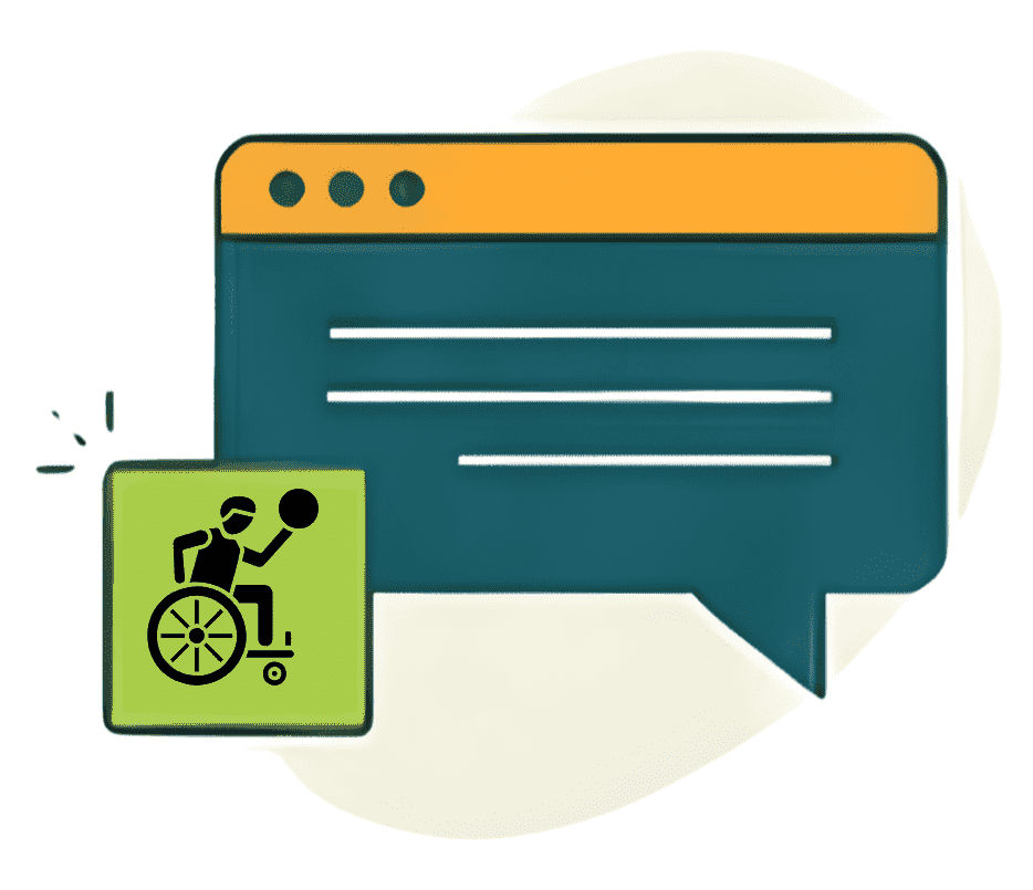 An illustration of a speech bubble with lines representing text and an icon of a person in a wheelchair playing basketball in the foreground, highlighting the Adaptive Experiences Initiative by UCP.