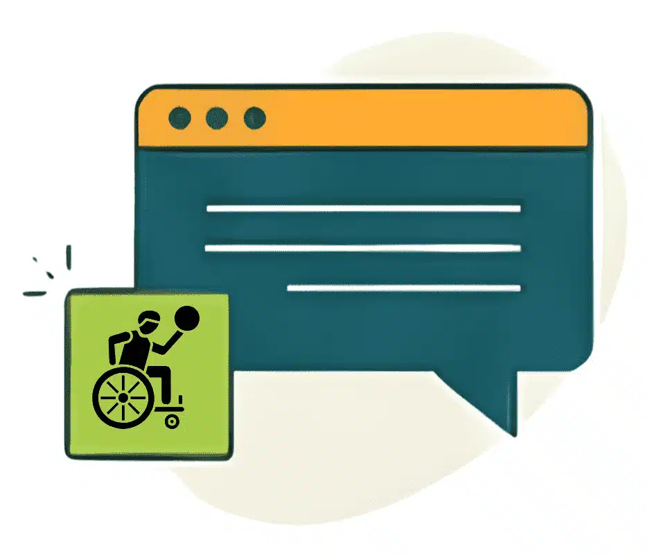 An illustration of a speech bubble with lines representing text and an icon of a person in a wheelchair playing basketball in the foreground, highlighting the Adaptive Experiences Initiative by UCP. An illustration of a speech bubble with lines representing text and an icon of a person in a wheelchair playing basketball in the foreground, highlighting the Adaptive Experiences Initiative by UCP.