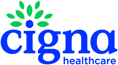 Cigna Healthcare logo with blue text and a green graphic resembling leaves above the letter “i.”.