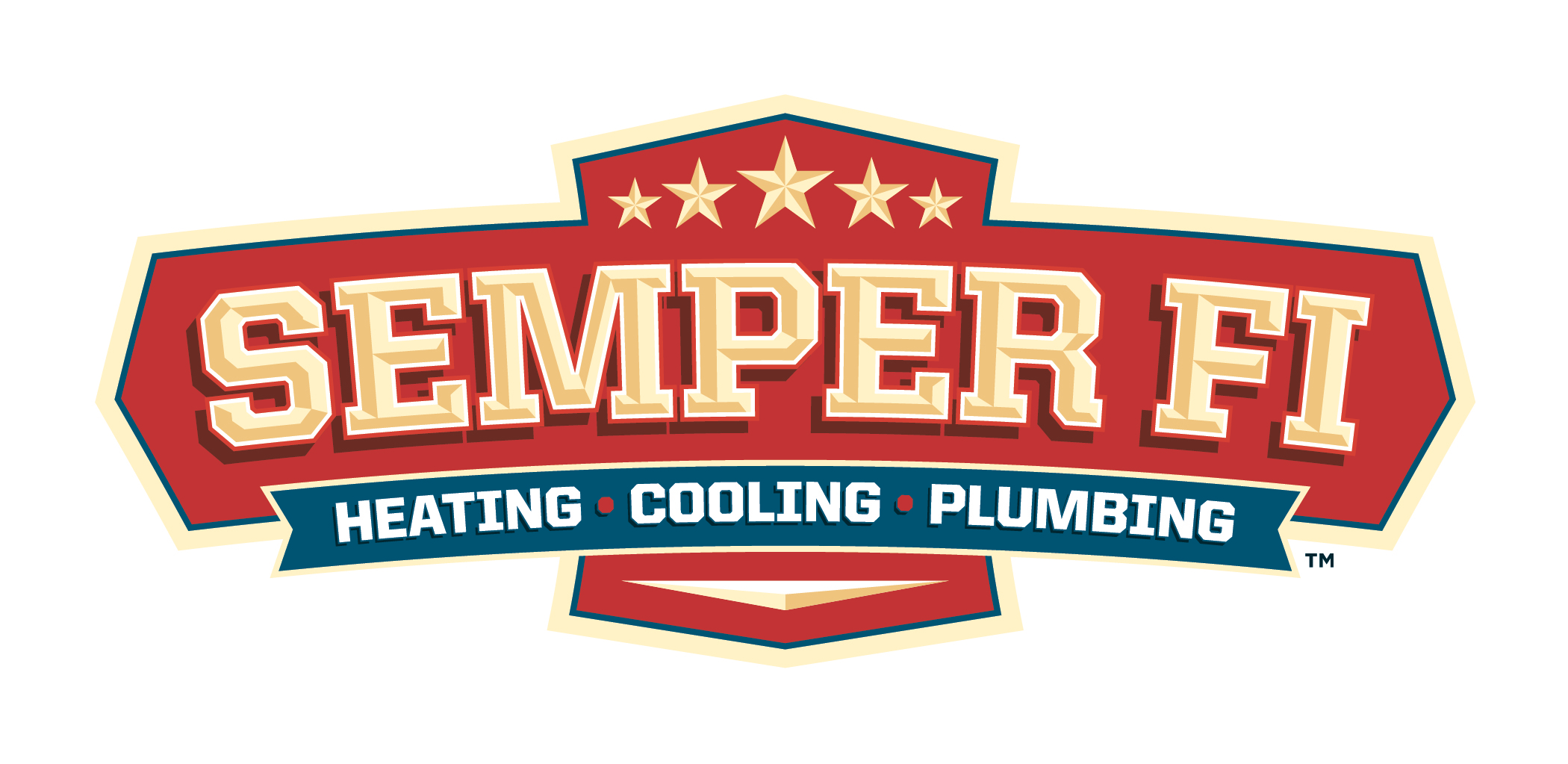 Semper Fi logo with five stars above the text and the words “Heating • Cooling • Plumbing” below on a red and blue shield-shaped background.